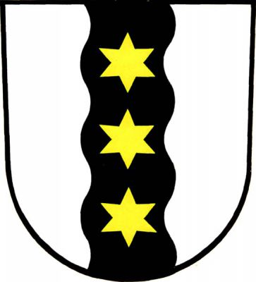 Ve stříbrném štítě černý vlnitý kůl se třemi zlatými hvězdami. Znak Černá Voda