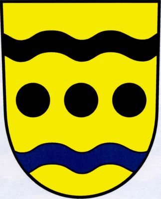 Ve zlatém štítě mezi dvěma vlnitými břevny, černým a modrým, tři černé kotouče vedle sebe. Znak Černava