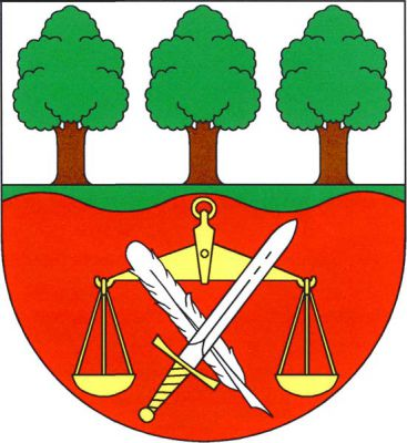 Ve stříbrno-červeně vlnitě děleném štítě nahoře na zeleném trávníku tři listnaté stromy přirozené barvy, dole zlaté miskové váhy kosmo přeložené stříbrným brkem a šikmo vztyčeným stříbrným mečem se zlatým jílcem. Znak Černé Voděrady