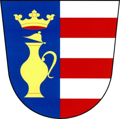 Polcený štít, v pravém modrém poli zlatá konvice s pootevřeným víčkem převýšená zlatou korunou, levé pole pětkrát stříbrno-červeně děleno. Znak Černíkov