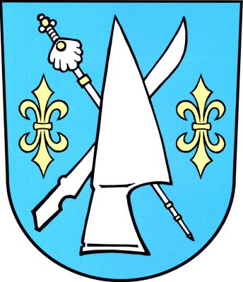 V modrém štítě doleva obrácená vztyčená stříbrná radlice kosmo podložená stříbrnou, zlatě zdobenou poutnickou holí s mušlí a šikmo stříbrným krojidlem, vše provázeno dvěma zlatými liliemi. Znak Černín