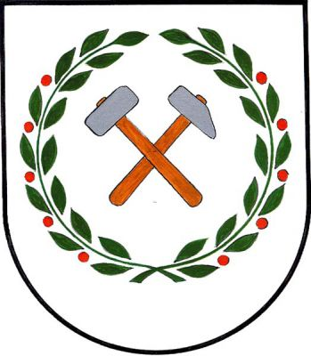 Ve stříbrném štítě v zeleném vavřínovém věnci s červenými plody kosmý mlátek šikmo podložený želízkem, oboje přirozené barvy. Znak Černý Důl