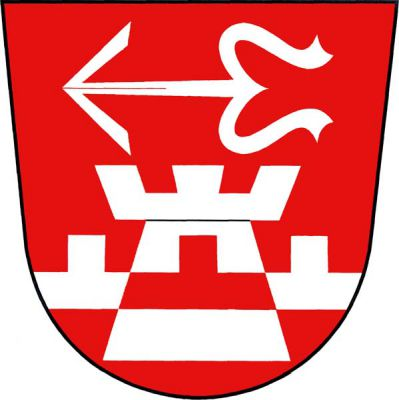 V červeném štítě stříbrná věž s cimbuřím, přeložená cimbuřovým břevnem opačných barev a převýšená položenou stříbrnou zavinutou střelou. Znak Červená Lhota