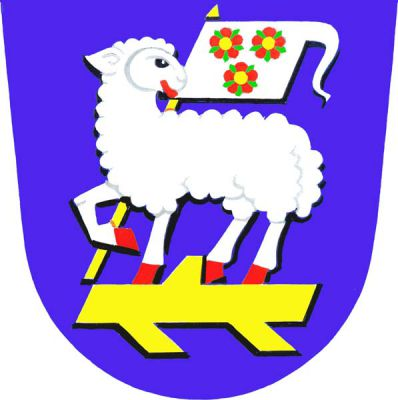 V modrém štítě na položené zlaté ostrvi vykračující stříbrný ohlížející se beránek s červenou zbrojí, držící na zlaté žerdi stříbrnou korouhev s ocasem se třemi (2,1) červenými růžemi se zlatými semeníky a zelenými kališními lístky. Znak Česká Metuje