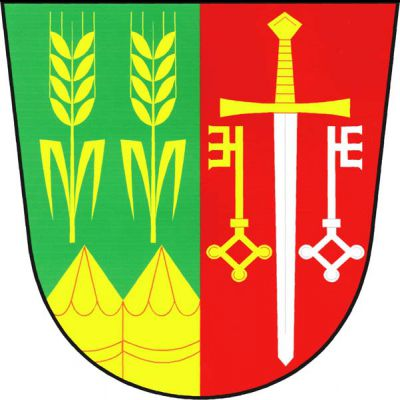 V zeleno-červeně polceném štítě vpravo nad dvěma vyrůstajícími palisádovými kůly dva obilné klasy s listy, vše zlaté, vlevo postavený stříbrný meč se zlatým jílcem, provázený dvěma vztyčenými odvrácenými gotickými klíči, pravý zlatý a levý stříbrný. Znak České Lhotice