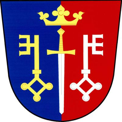 V modro-červeně polceném štítě postavený stříbrný meč se zlatým jílcem převýšený zlatou korunou a provázený dvěma vztyčenými odvrácenými gotickými klíči, pravým zlatým a levým stříbrným. Znak České Petrovice