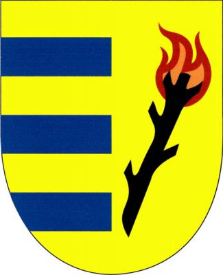 Ve zlatém štítě vpravo tři modrá, do poloviny zkrácená břevna, vlevo šikmá černá hořící ostrev. Znak Čestlice