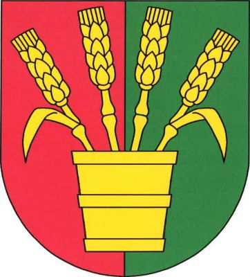 V červeno-zeleně polceném štítě kbelík se čtyřmi vyrůstajícími odkloněnými obilnými klasy, krajní s listem, vše zlaté. Znak Chabeřice