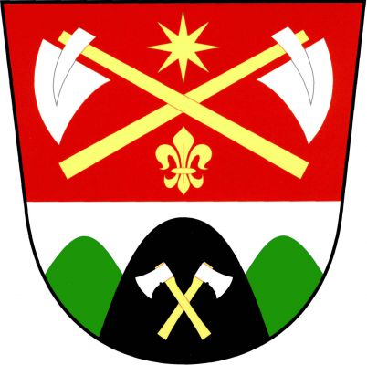 V červeno - stříbrně děleném štítě nahoře zkřížené stříbrné hornické motyky na zlatých násadách, provázené nahoře osmihrotou hvězdou a dole lilií, obojí zlaté. Dole tři vrchy, mezi zelenými vyšší černý se zkříženými stříbrnými sekerami na zlatých topůrkách. Znak Chaloupky