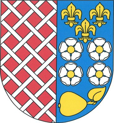 Polcený štít. Pravé červené pole stříbrně proplétaně mřežované. V levém modrém čtyři (2, 2) stříbrné růže se zlatými semeníky, nad nimi tři (2, 1) lilie, pod nimi doleva položená hruška s listem, vše zlaté. Znak Chbany