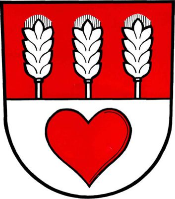Červeno-stříbrně dělený štít, nahoře vedle sebe vyrůstají tři stříbrné obilné klasy, dole červené srdce. Znak Chlebičov