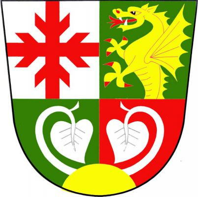 Dělený štít, nahoře stříbrno-zeleně polcený, vpravo červený ostrvový kříž, vlevo vyrůstající zlatý drak s červenou zbrojí, v dolním, zeleno-červeně polceném poli stříbrná lekna vyrůstající ze zlatého návrší. Znak Chlum