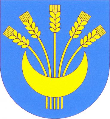 V modrém štítě pět obilných klasů, přes ně stoupající půlměsíc, obojí zlaté. Znak Chodouny