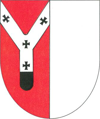 V červeno-stříbrně polceném štítě vpravo stříbrné palium. Znak Chotěnov