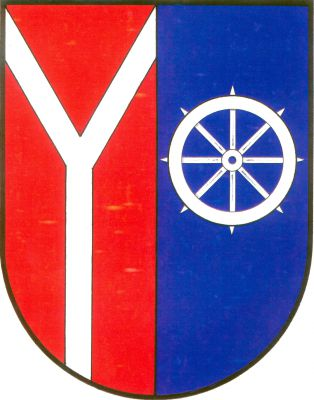 V červeno-modře polceném štítě vpravo vidlice, vlevo kolo sv. Kateřiny, obojí stříbrné. Znak Chotěvice