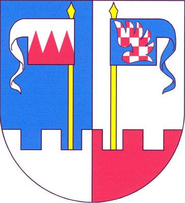 V modro-stříbrně polceném štítě vyrůstají ze stříbrno-červeně polceného cimbuří na zlatých žerdích dvě odvrácené korouhve s ocasy, vpravo stříbrná se třemi sníženými červenými hroty, vlevo modrá se stříbrno-červeně šachovaným orlím křídlem. Znak Chotiměř