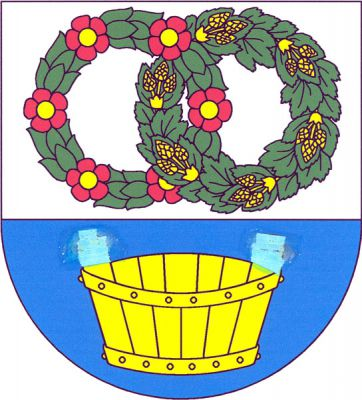 Ve stříbrno-modře děleném štítě nahoře vedle sebe dva zelené propletené věnce, vpravo listový se šesti červenými růžemi se zlatými semeníky, vlevo chmelový se šesti trojicemi zlatých šištic, dole zlatá díž. Znak Chotiněves