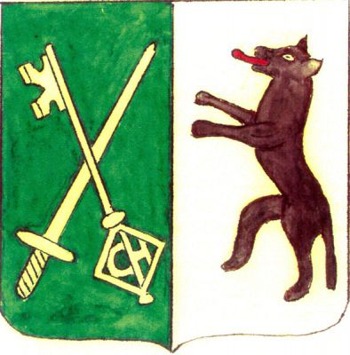 V zeleno-stříbrném polceném štítě vpravo kosmo vztyčený klíč zuby ven, šikmo podložený vztyčeným mečem, obojí stříbrné, vlevo vlk ve skoku přirozené barvy. Znak Chotoviny