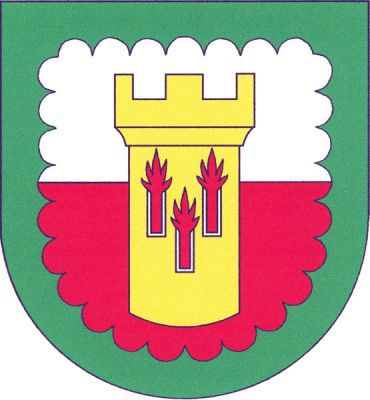 Ve stříbrno-červeně děleném štítě se zeleným obloučkovým lemem zlatá věž se třemi (2,1) prázdnými okny, z nichž šlehají plameny. Znak Chrášťany