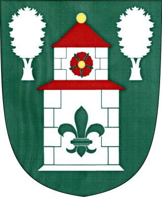V zeleném štítě stříbrná patrová bosovaná věž s červenou dělící stříškou a stanovou střechou se zlatou makovicí, v zúženém patře červená růže se zlatým semeníkem a zelenými kališními lístky, dole zelená lilie. Věž nahoře provázena dvěma stříbrnými tisy. Znak Chroboly