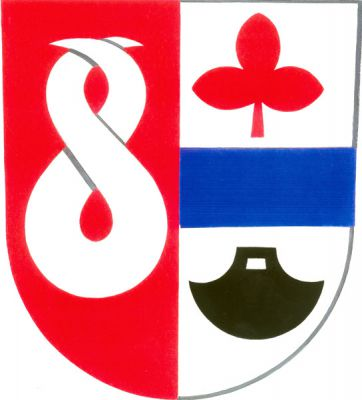 Červeno-stříbrně polcený štít, vpravo stříbrné propletené volské rohy, vlevo modré břevno provázené nahoře červeným trojlistem se stopkou, dole s černou půlkruhovou škrabkou. Znak Chromeč