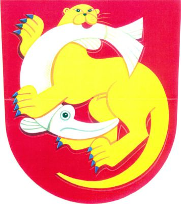 V červeném štítě zlatá vydra s modrou zbrojí, držící v tlamě a předních tlapách stříbrnou štiku. Znak Chropyně