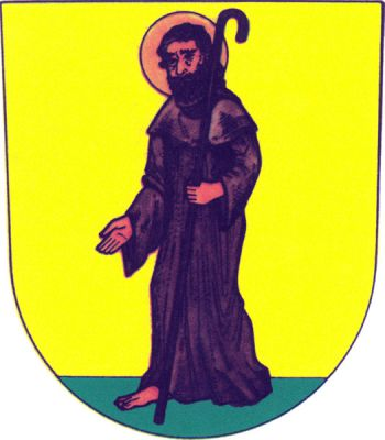 Ve zlatém štítě na zeleném trávníku svatý Jakub Větší v poutnickém oděvu s holí, přirozené barvy. Znak Chroustovice