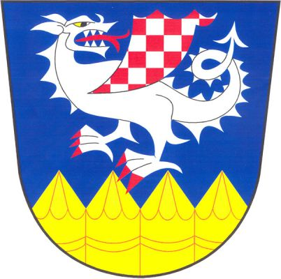 V modrém štítě nad zlatou palisádou stříbrný ohlížející se drak se stříbrno-červeně šachovaným křídlem, červenou zbrojí a jazykem. Znak Chudeřice