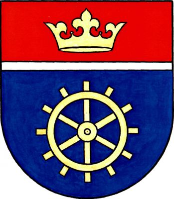 V modro - červeně stříbrným zúženým břevnem zvýšeně děleném štítě nahoře koruna, dole mlýnské vodní kolo, obojí zlaté. Znak Chýnice