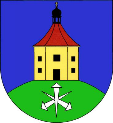 V modrém štítě na zeleném návrší se třemi stříbrnými hřeby, dva zkřížené vztyčené přeložené postaveným, zlatá kaple s pěti černými okny, třemi v patře a dvěma v přízemí po stranách černého vchodu, s červenou stanovou střechou, završenou černým sanktusníkem s cibulovou bání se zlatou makovicí a křížem. Znak Číčovice
