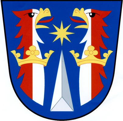 V modrém štítě dvě přivrácené červeno - stříbrně a naopak polcené orlí hlavy se zlatými zobáky a s krky provlečenými zlatými korunami, mezi nimi vztyčený stříbrný kamenný klín převýšený zlatou osmihrotou hvězdou. Znak Číhaň