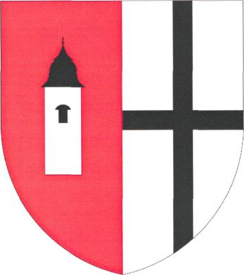 V červeno-stříbrně polceném štítě vpravo stříbrná kostelní věž s černým oknem a černou přilbovou střechou zakončenou makovicí s křížkem, v levém poli černý heroldský kříž. Znak Číhošť