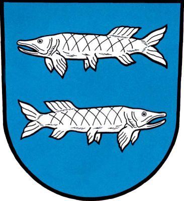 V modrém štítě dvě stříbrné štiky nad sebou, horní plovoucí doprava, dolní doleva. Znak Čikov