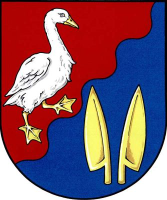 V červeno-modře šikmo vlnitě děleném štítě nahoře doleva obrácená stříbrná husa se zlatou zbrojí, dole dvě zlaté vztyčené a odvrácené válečné kosy. Znak Čimelice