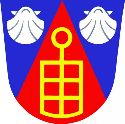 V modrém štítě červený hrot se zlatým postaveným roštem, provázený stříbrnými mušlemi. Znak Církvice