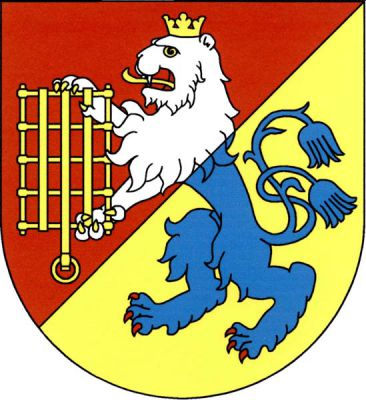 V červeno-zlatě šikmo děleném štítě stříbrno-modře šikmo dělený korunovaný dvouocasý lev, nahoře se zlatou a dole s červenou zbrojí, držící vztyčený zlatý rošt. Znak Čistá