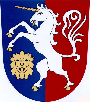 V modro-červeně polceném štítě vzpřímený stříbrný jednorožec se zlatou zbrojí provázený vpravo čelně hledící zlatou lví hlavou. Znak Cítov