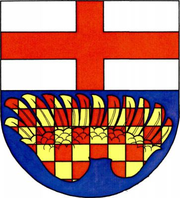 Stříbrno-modře dělený štít, nahoře červený heroldský kříž, dole položené červeno-zlatě šachované orlí křídlo. Znak Čížkovice