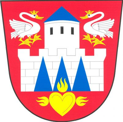 V červeném štítě volná stříbrná kvádrovaná hradba s pěti stínkami, v ní tři modré hroty. Z hradby vyniká stříbrná okrouhlá věž se třemi černými okny vedle sebe a modrou kuželovou střechou, provázená dvěma přivrácenými stříbrnými korunovanými labutěmi se zlatou zbrojí. Dole srdce hořící třemi plameny, jedním nahoru do středního modrého hrotu, dvěma do stran, vše zlaté. Znak Ctiboř
