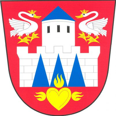 V červeném štítě volná stříbrná kvádrovaná hradba s pěti stínkami, v ní tři modré hroty. Z hradby vyniká stříbrná okrouhlá věž se třemi černými okny vedle sebe a modrou kuželovou střechou, provázená dvěma přivrácenými stříbrnými korunovanými labutěmi se zlatou zbrojí. Dole srdce hořící třemi plameny, jedním nahoru do středního modrého hrotu, dvěma do stran, vše zlaté. Znak Ctiboř
