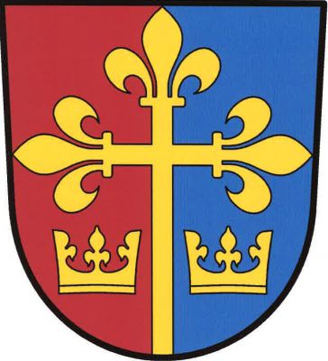 V červeno-modře polceném štítě vynikající liliový kříž do krajů, provázený dole po obou stranách korunou, vše zlaté. Znak Daleké Dušníky