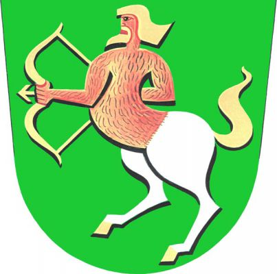 V zeleném štítě polovina divého muže přirozené barvy se zlatými vlasy, vousem a nataženým lukem se šípem, spojená s dolní polovinou stříbrného koně se zlatými kopyty a ohonem. Znak Dešná