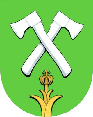 V zeleném štítě pod zkříženými stříbrnými sekerami vyrůstá zlatá přirozená lilie. Znak Dětřichov nad Bystřicí
