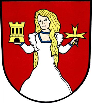 V červeném štítě vyrůstající zlatovlasá dívka ve stříbrném, modře lemovaném šatě, držící v pravici hrad a v levici osmihrotý kříž, obojí zlaté. Znak Dívčí Hrad