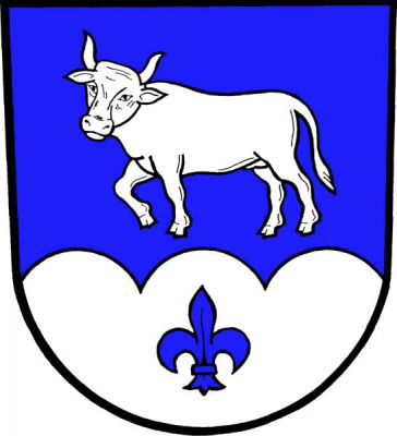 Třemi oblouky sníženě modro-stříbrně dělený štít. Nahoře vykračující býk a dole lilie opačných barev. Znak Dlouhá Stráň