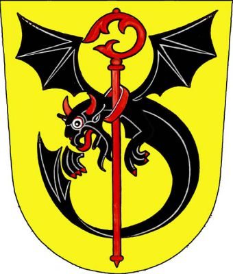 Ve zlatém štítě postavená červená berla, k níž je červeným obojkem připoután rozkřídlený ďábel v podobě draka s červenou zbrojí a jazykem. Znak Dlouhá Třebová