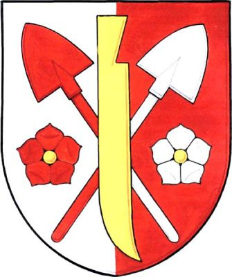 Ve stříbrno-červeně polceném štítě dva zkřížené vztyčené rýče mezi dvěma pětilistými jabloňovými květy se zlatými středy, vše opačných barev, přeložené doleva obráceným zlatým krojidlem. Znak Dlouhomilov