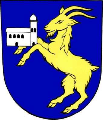 V modrém štítě vztyčený zlatý kozel držící stříbrný kostel s věží. Znak Dobrá