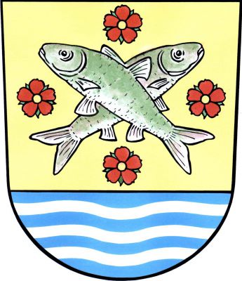 Ve zlatém štítě nad modrou patou se třemi stříbrnými vlnitými břevny dvě zkřížené ryby přirozené barvy, provázené čtyřmi (1, 2, 1) červenými růžemi se zlatými semeníky a zelenými kališními lístky. Znak Dobrá Voda