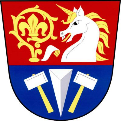 V červeno-modře sníženě děleném štítě nahoře vedle sebe zlatá hlavice berly se stříbrným sudariem, obojí doleva, a stříbrná hlava jednorožce s krkem, se zlatou zbrojí, dole volný stříbrný klín provázený vztyčenými odkloněnými stříbrnými mlátky se zlatými topůrky. Znak Dobříč
